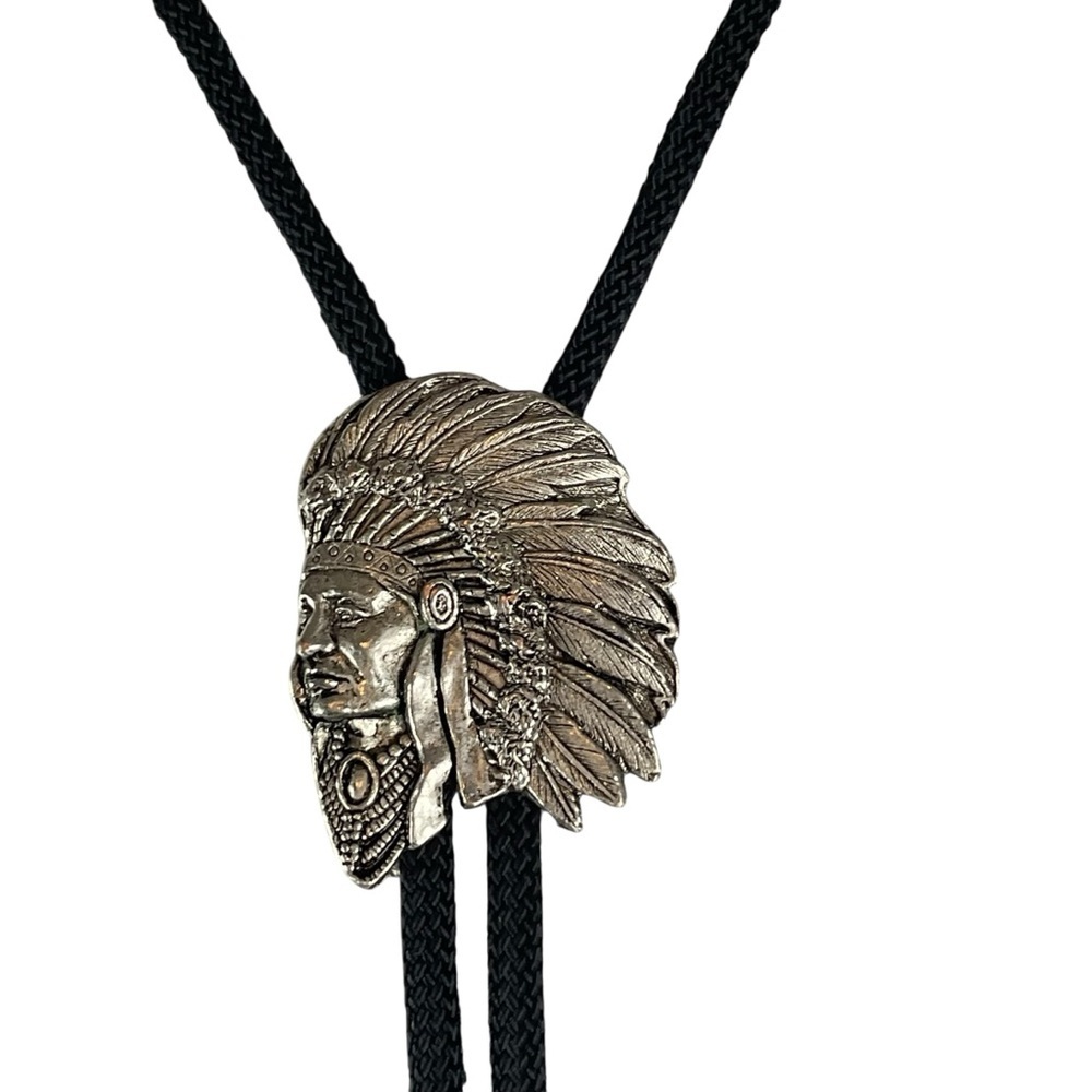 Vintage Siskiyou 1994 Bolo Tie Indian Chief Head Pewter, Adjustable Southwestern - Picture 5 of 10